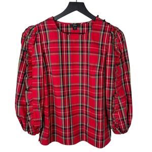J Crew Ruffle Sleeve Plaid Blouse Womens XXS Red Tartan Puff Sleeve‎ Top